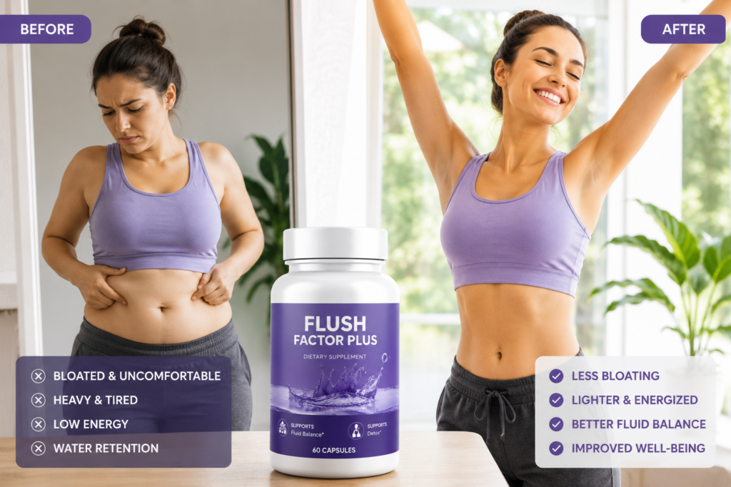 Healthy woman showing before and after wellness transformation after using Flush Factor Plus