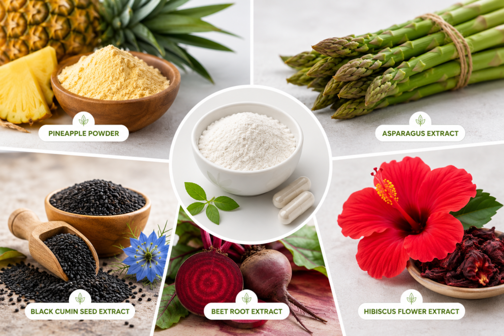 Collage of Flush Factor Plus ingredients including pineapple powder, asparagus, beetroot, hibiscus flower, and black cumin seeds