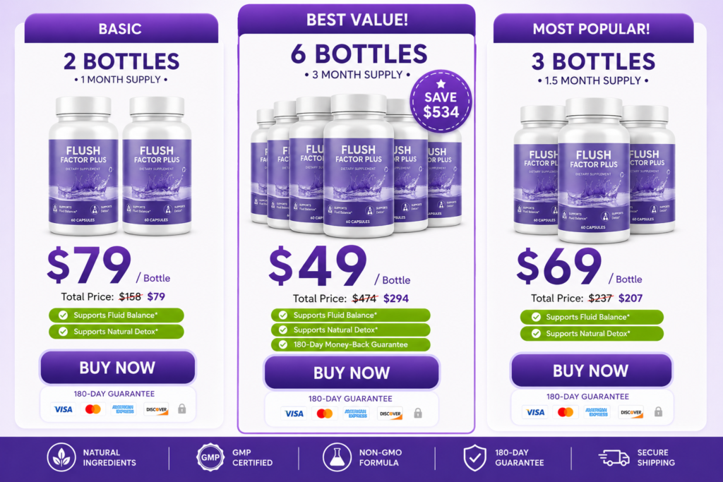 Flush Factor Plus bottle packages with discount pricing banners and purple promotional design