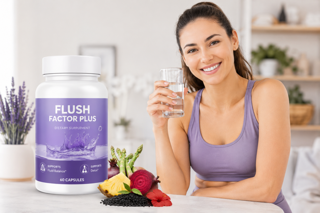 Flush Factor Plus supplement bottle beside smiling healthy woman in wellness lifestyle setting