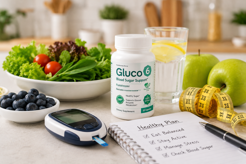 Blood sugar support concept with healthy food, supplement bottle, and measuring tape