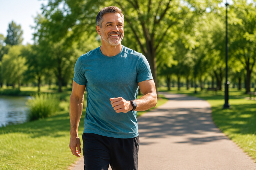 Happy middle aged person walking outdoors with healthy and energetic lifestyle