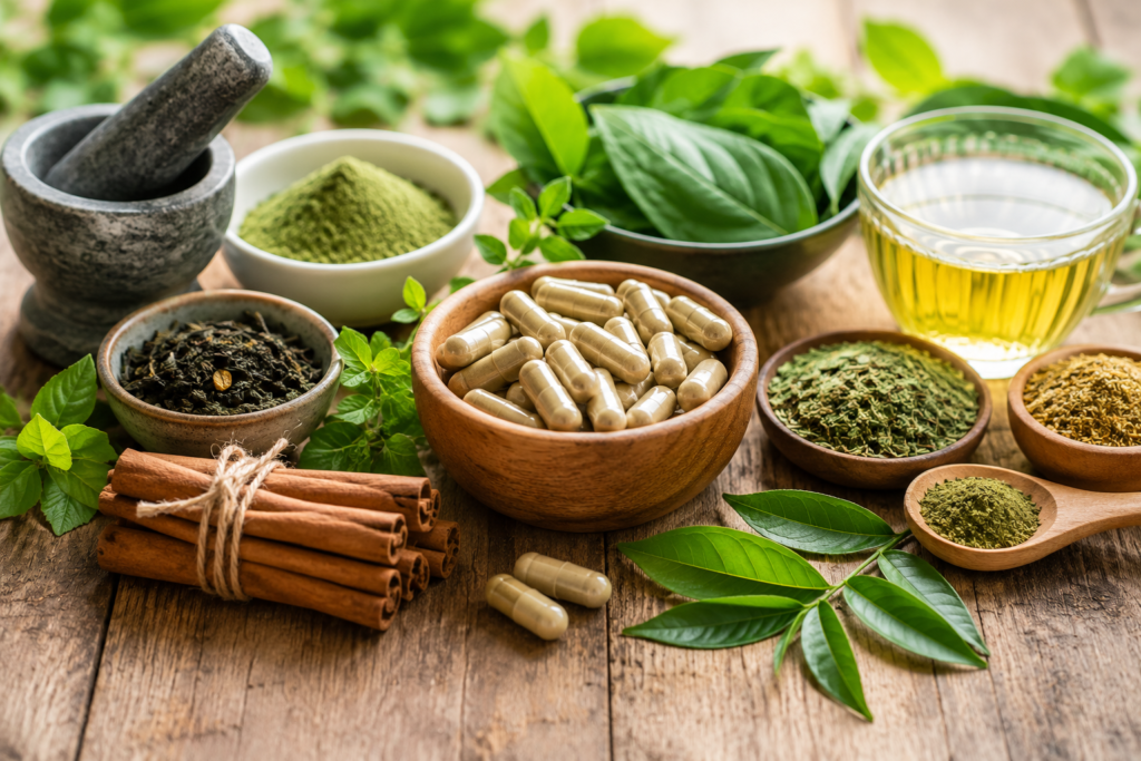 Natural supplement ingredients including cinnamon, green tea, herbs, and capsules on wooden table