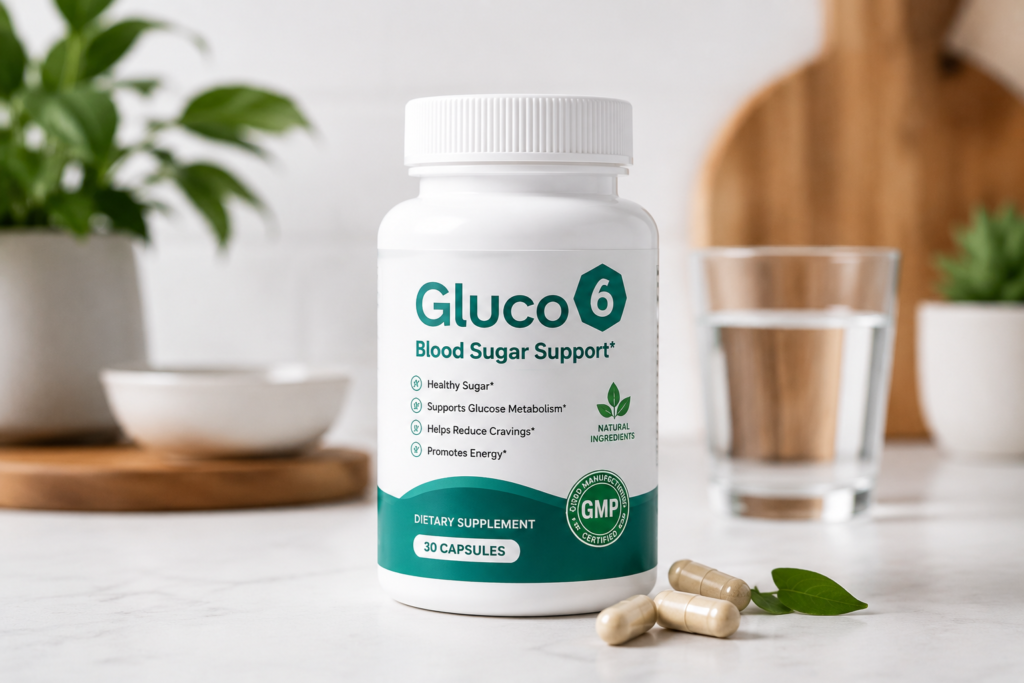 Premium Gluco6 supplement bottle mockup for blood sugar support on modern background