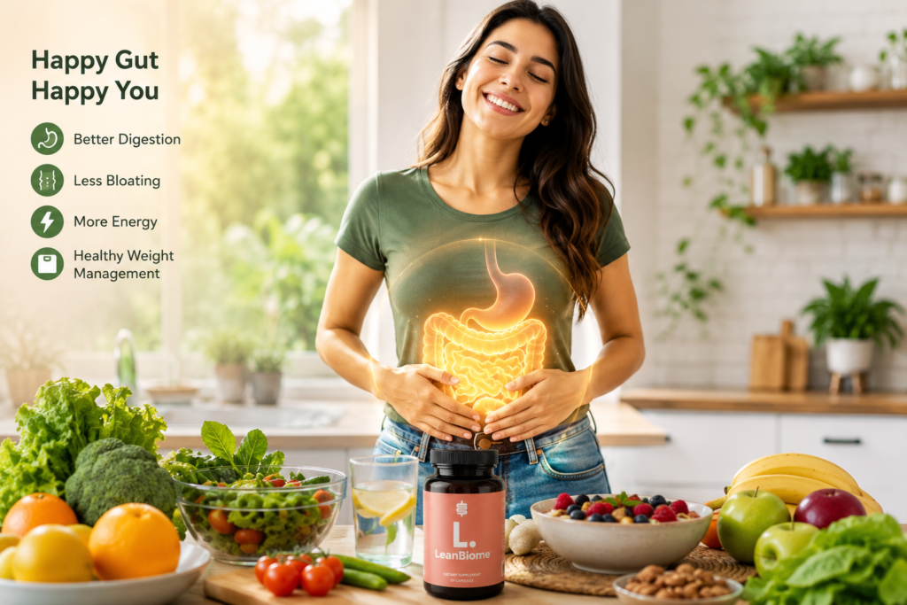 Healthy woman holding stomach with glowing gut health illustration and fresh healthy foods