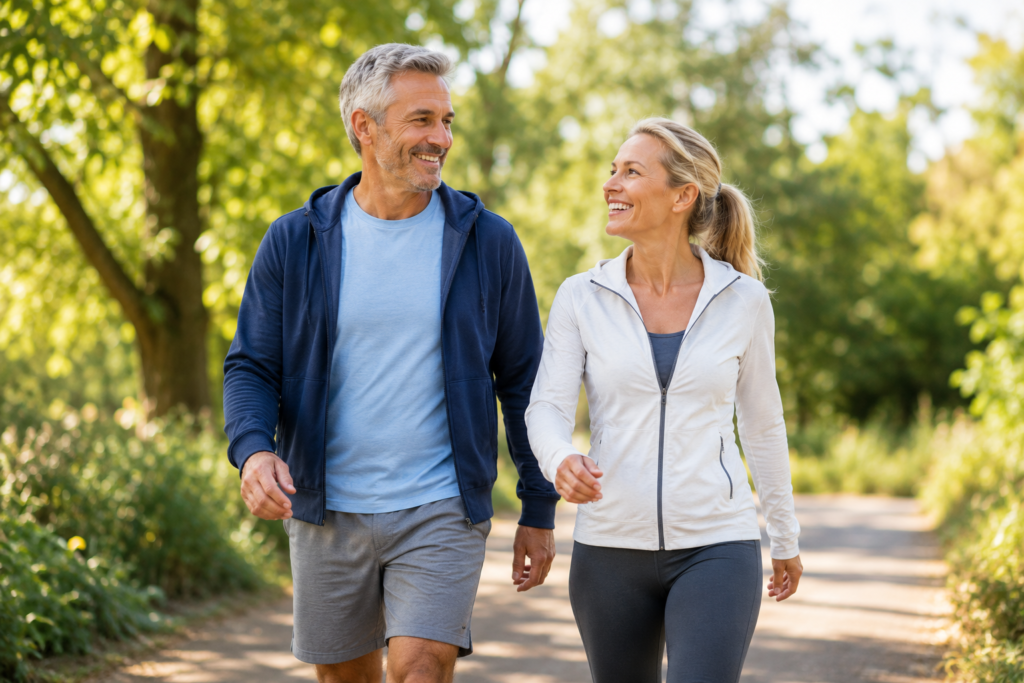 Happy middle-aged couple walking outdoors showing healthy joint mobility