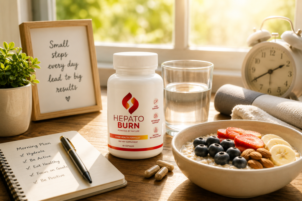 Daily wellness routine with HepatoBurn capsules water and healthy breakfast