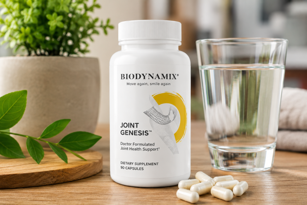 Close-up of Joint Genesis supplement bottle beside water glass and capsules