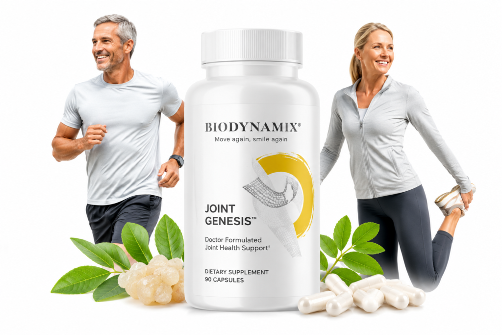 Joint Genesis supplement bottle with active healthy adults for joint mobility support