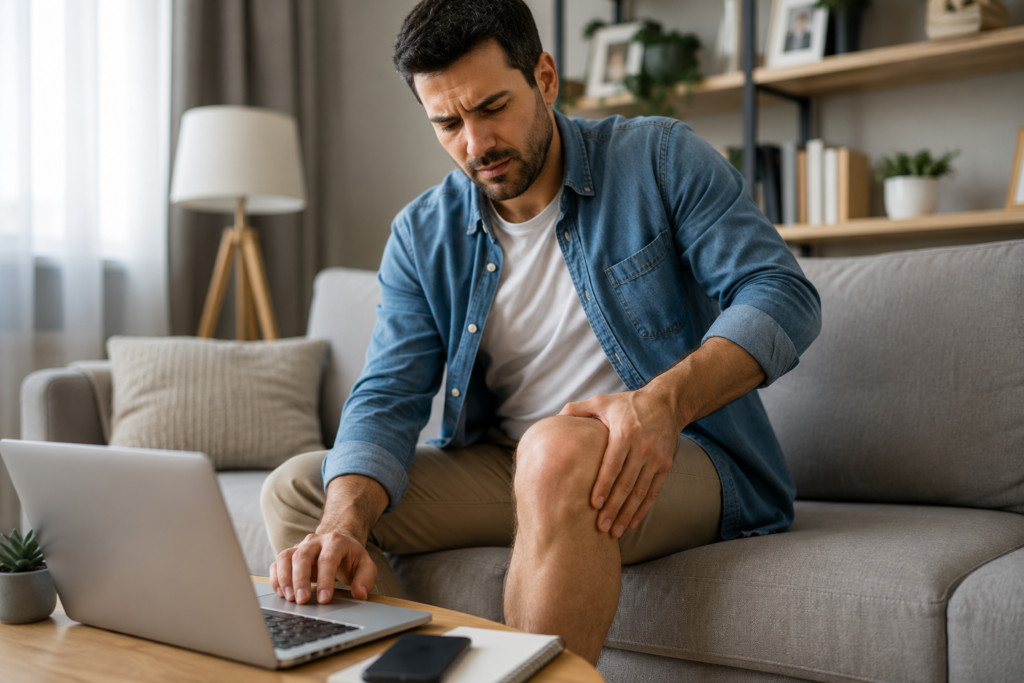Man holding knee with slight joint discomfort while working on laptop at home
