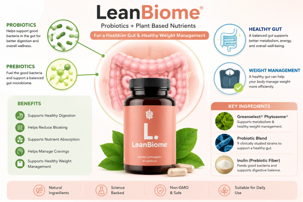 LeanBiome probiotic infographic showing gut health, digestion support, and natural weight management
