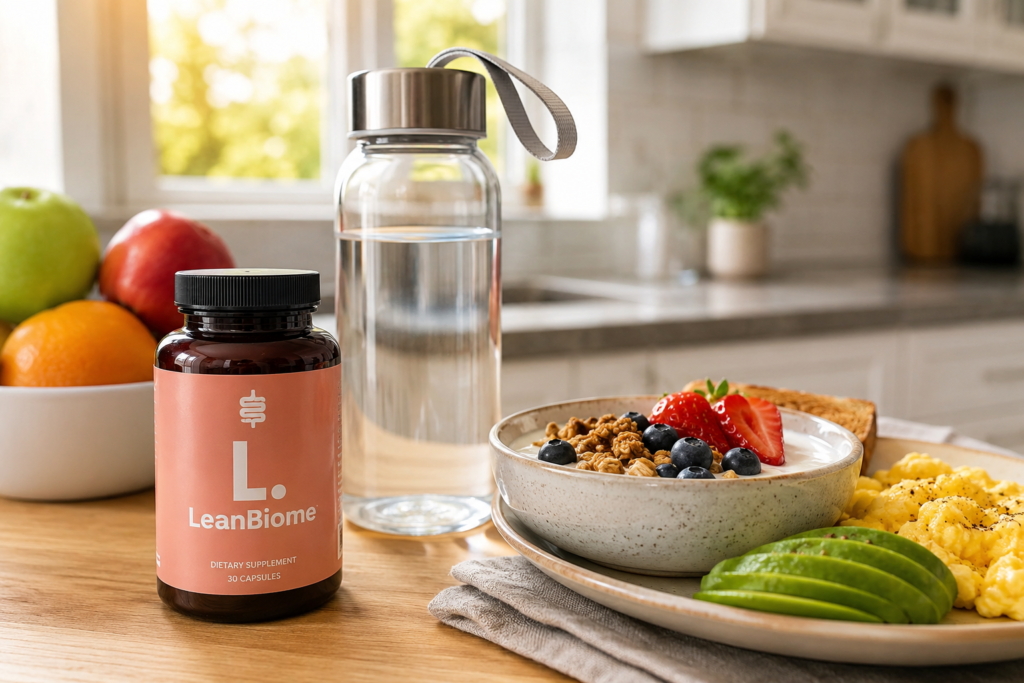LeanBiome supplement bottle beside healthy breakfast and water bottle in modern kitchen