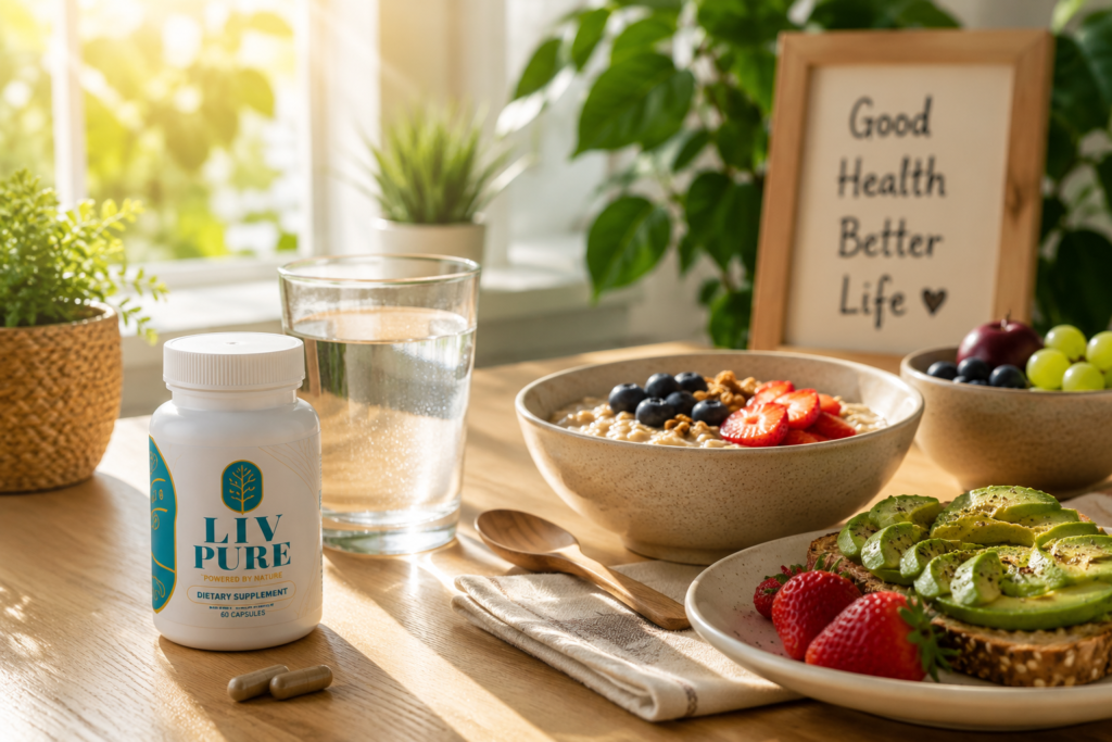 Daily morning routine with Liv Pure supplement and healthy breakfast