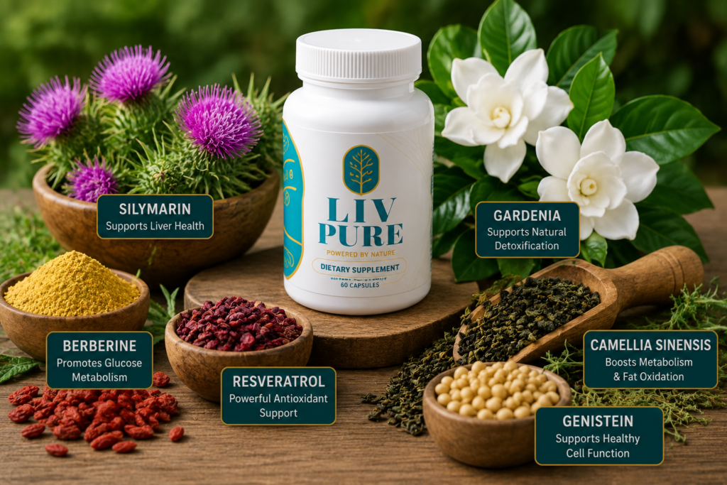 Natural Liv Pure ingredients including berberine, silymarin and gardenia