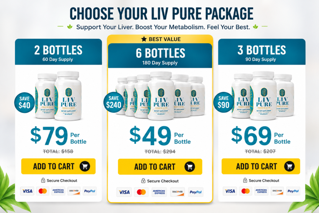 Liv Pure pricing packages with discount offers and supplement bottles