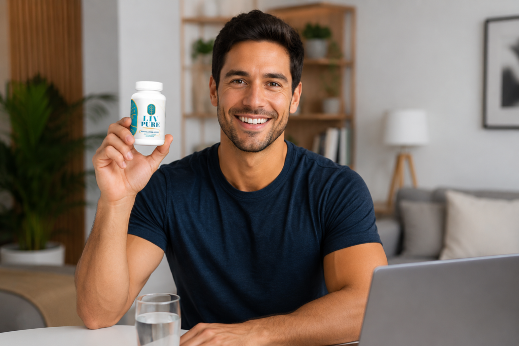 Liv Pure supplement review 2026 with healthy happy man holding bottle