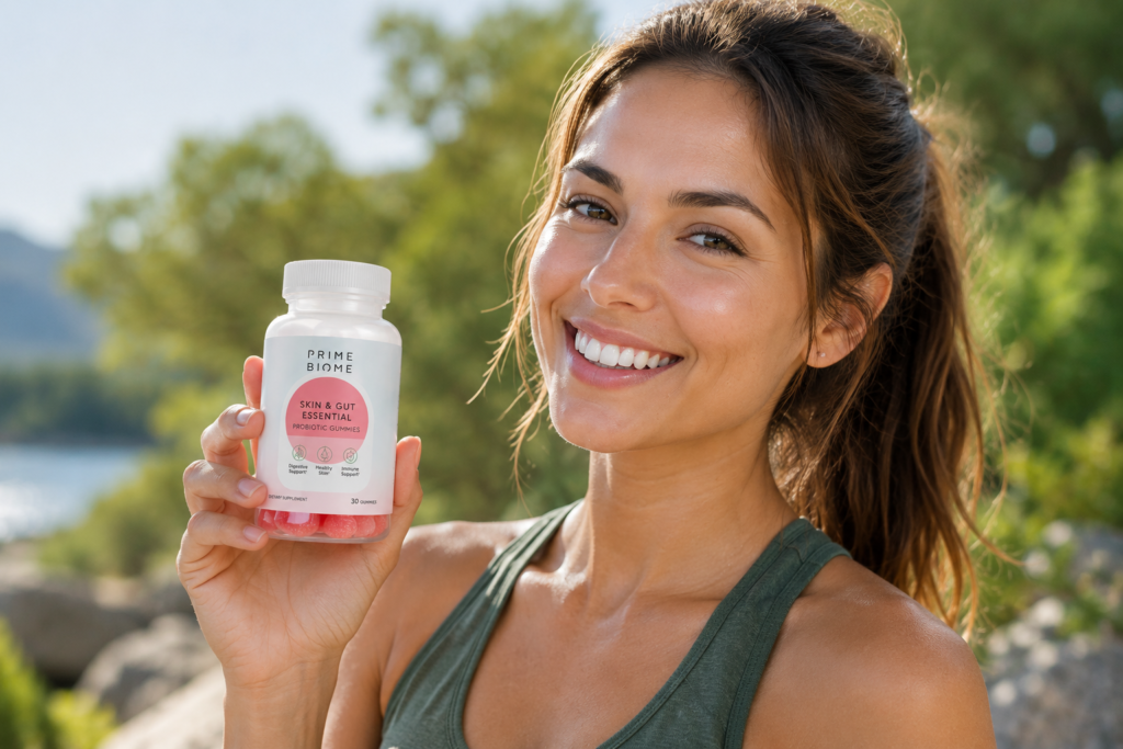 Happy woman with glowing skin holding PrimeBiome probiotic gummy bottle outdoors