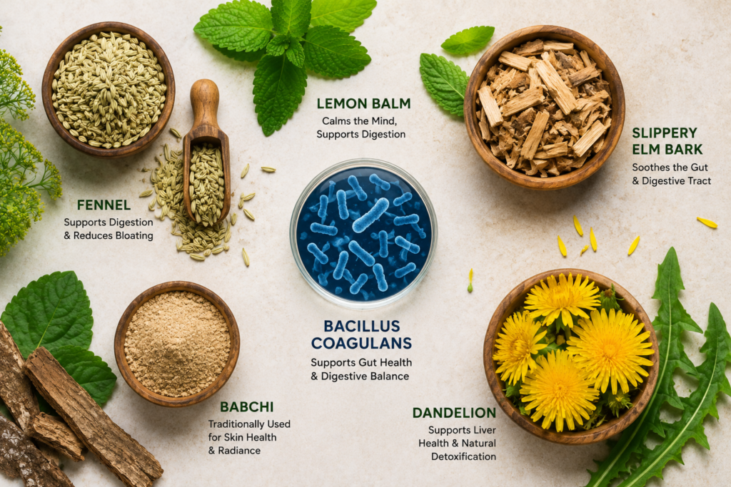PrimeBiome ingredients including fennel lemon balm slippery elm bark and probiotics