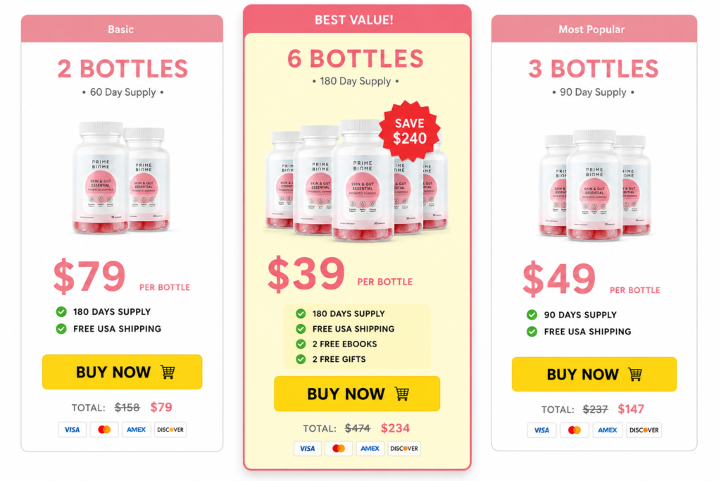 PrimeBiome pricing packages with bottle bundles and discount offers