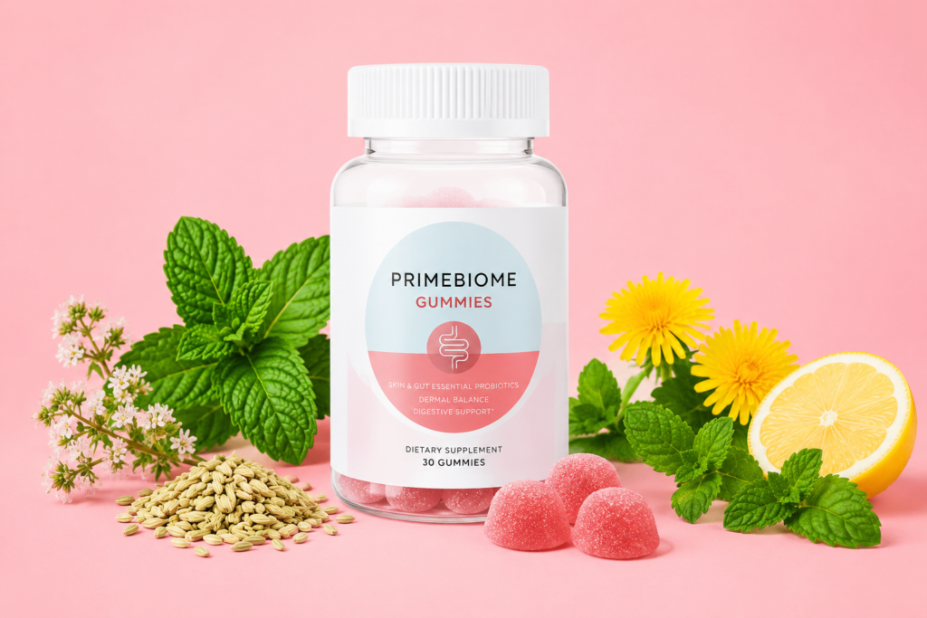 PrimeBiome probiotic gummies bottle with natural ingredients on pink background