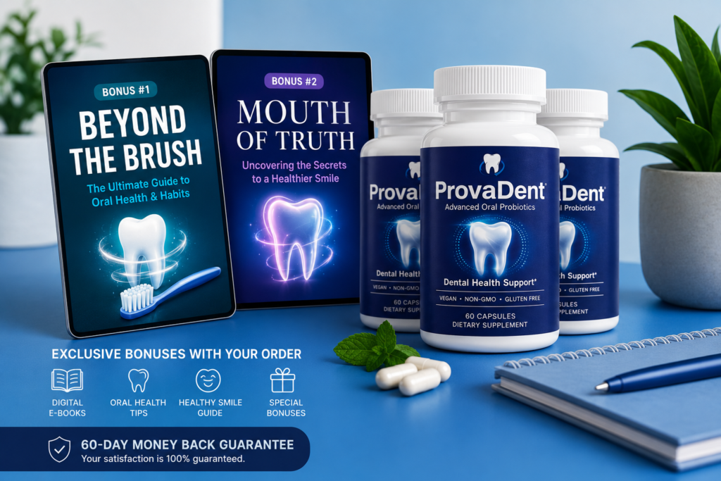 ProvaDent bonus ebooks and supplement bottles on modern blue desk setup