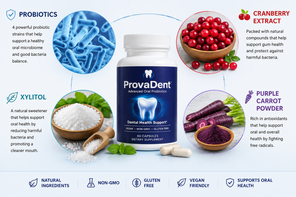 ProvaDent ingredients including probiotics cranberry extract xylitol and purple carrot powder
