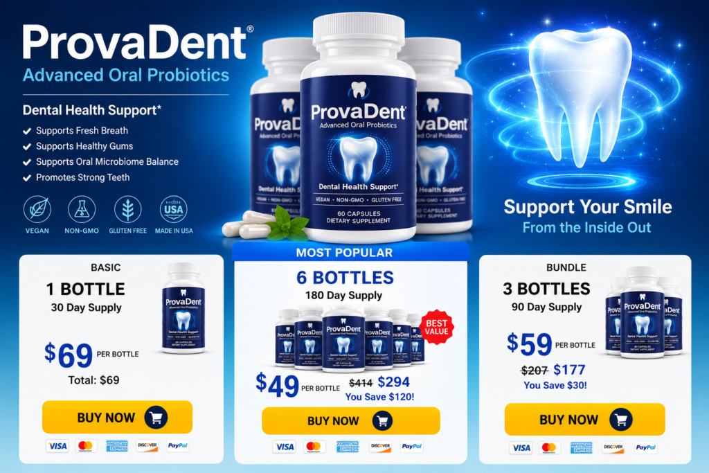 ProvaDent pricing packages with discounted oral health supplement bottles