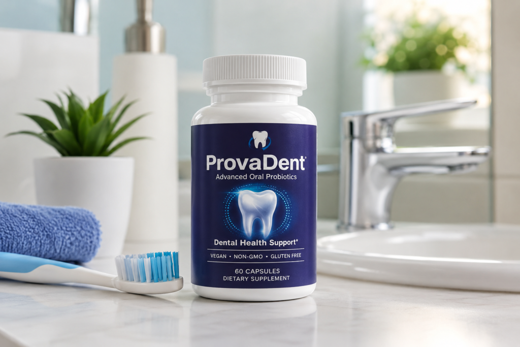 ProvaDent oral health supplement bottle on bathroom counter for dental support