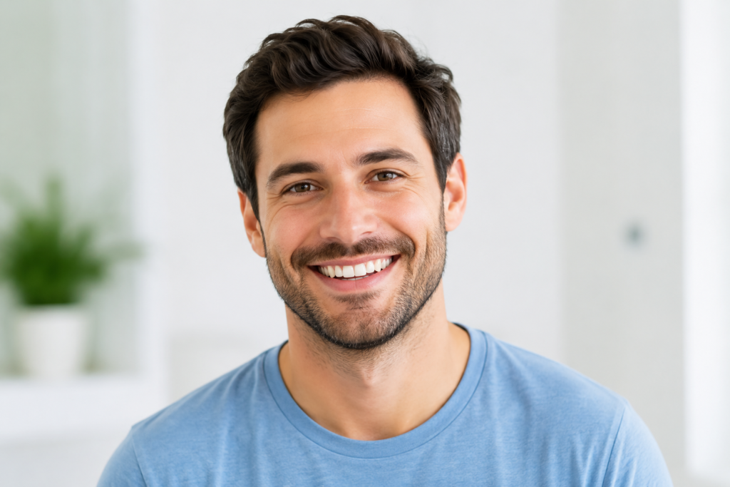 Happy man smiling confidently after using ProvaDent oral probiotic supplement
