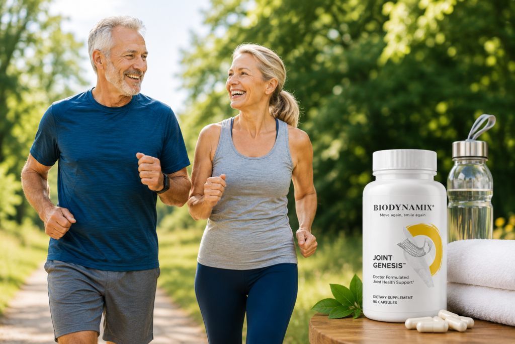 Senior couple enjoying active lifestyle outdoors with Joint Genesis supplement