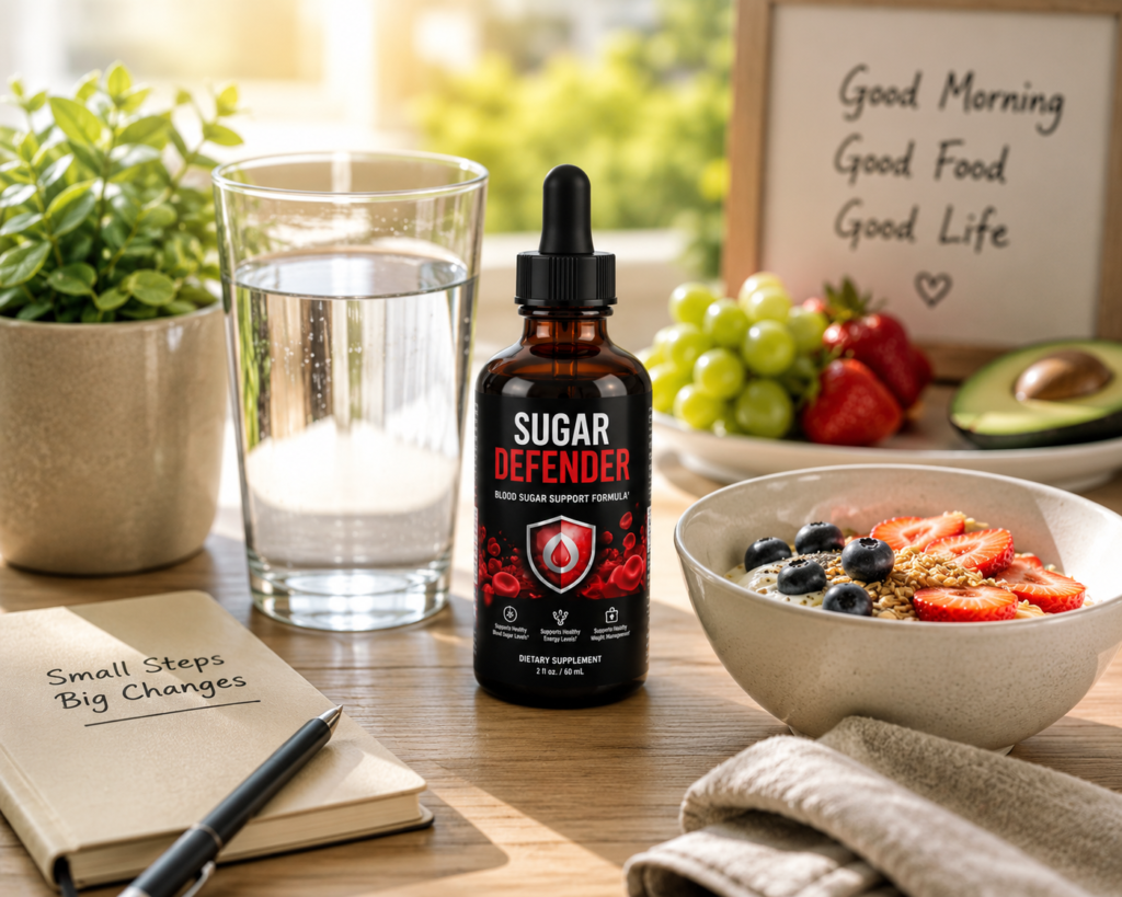 Daily wellness routine with Sugar Defender supplement and healthy breakfast