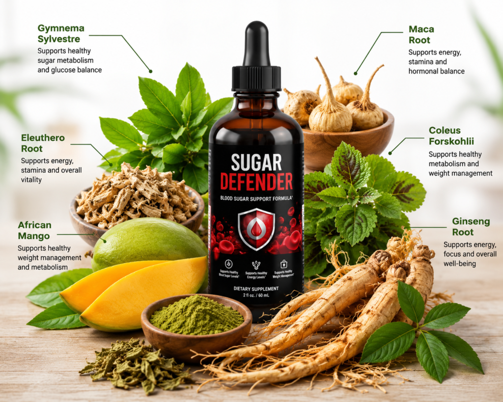 Natural ingredients used in Sugar Defender including ginseng maca root and gymnema