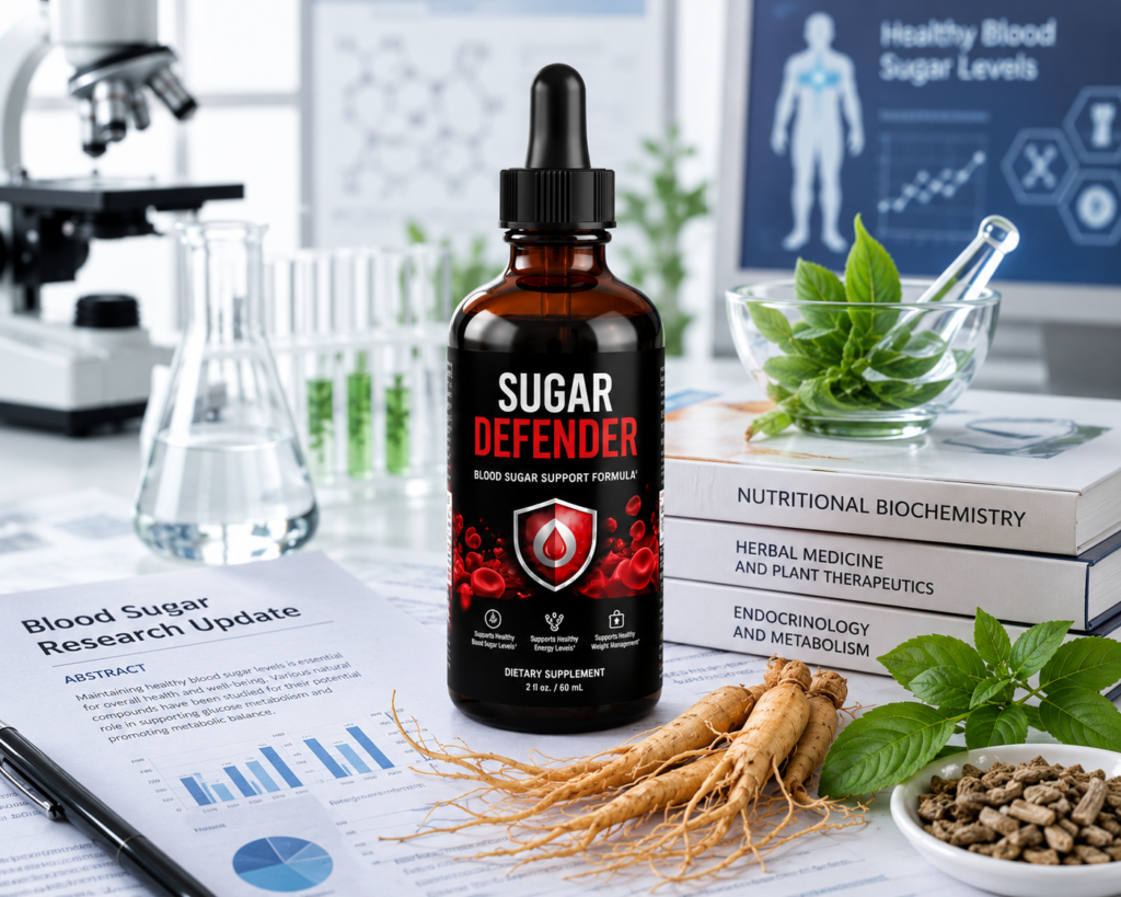 Sugar Defender supplement with scientific wellness and research concept background