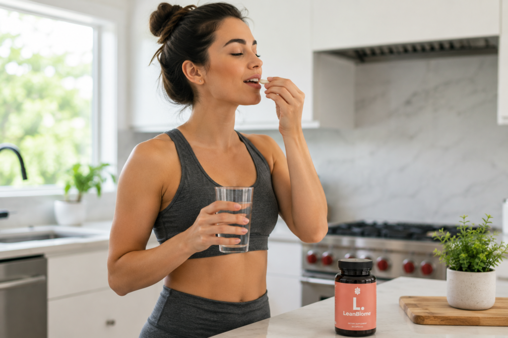 Person taking LeanBiome probiotic supplement with water in clean modern kitchen