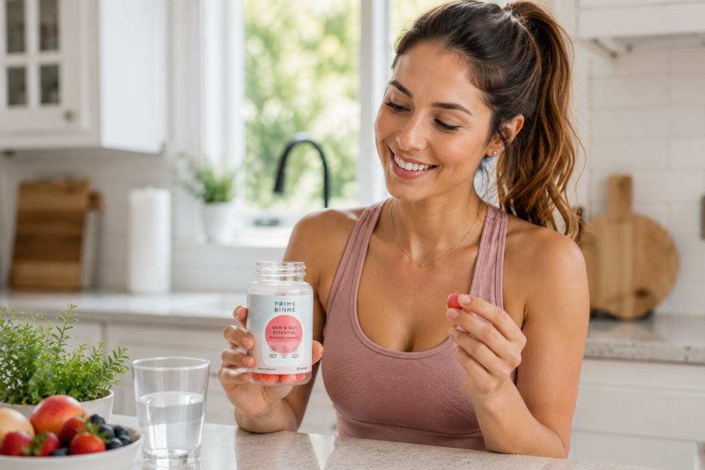 Woman taking PrimeBiome gummies during healthy morning routine in kitchen