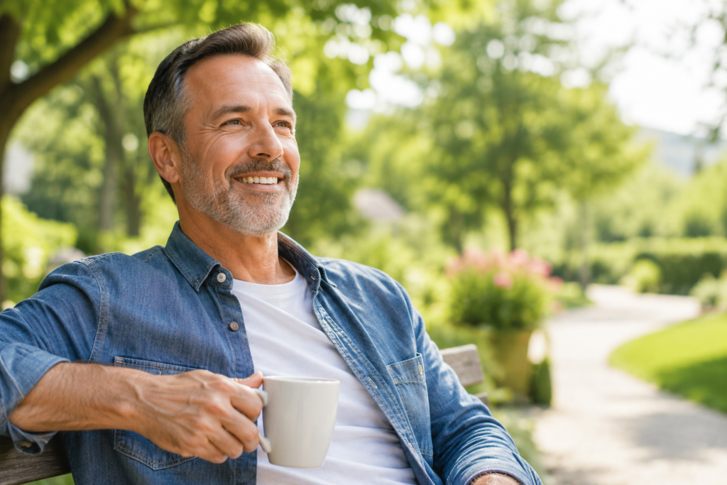 Happy person enjoying hearing wellness improvement